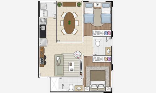 Ilustração artística da planta do apto. de 2 dormitórios com 1 suíte (53 m²) - opção B