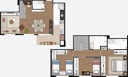 Ilustração artística da planta do apto. de 3 dormitórios com 1 suíte duplex (98 m²)